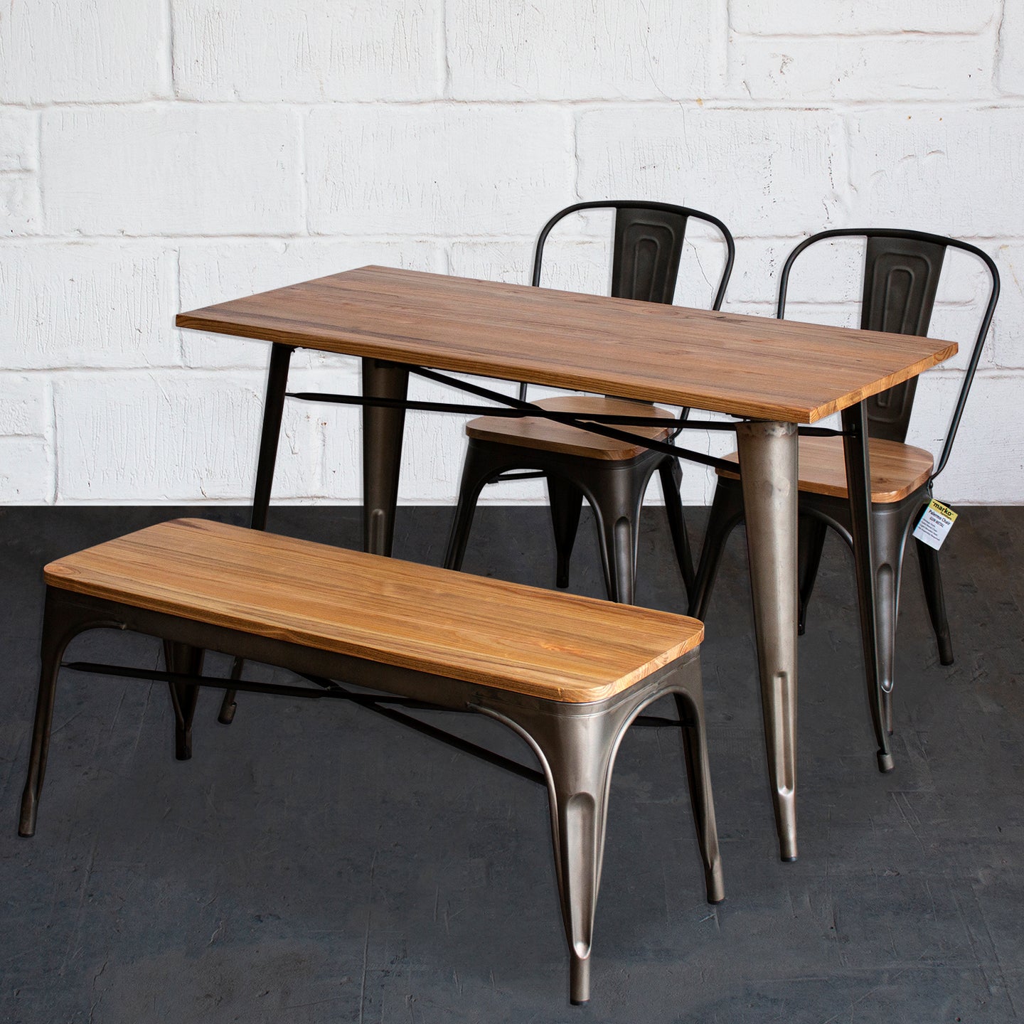 4PC Prato Table, 2 Palermo Chairs & Sicily Bench Set - Gun Metal Grey