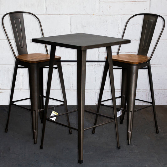 3PC Laus Table & Soranzo Bar Stool Set - Gun Metal Grey