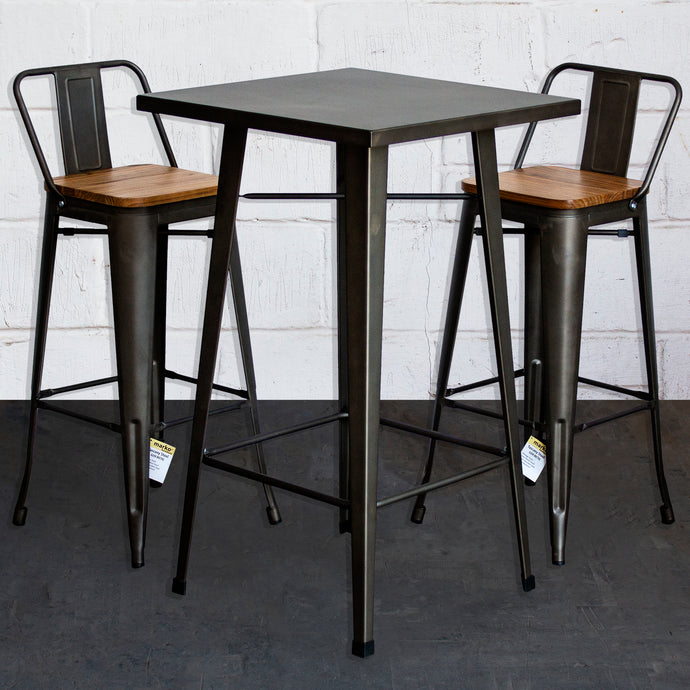 3PC Laus Table & Tuscany Bar Stool Set - Gun Metal Grey