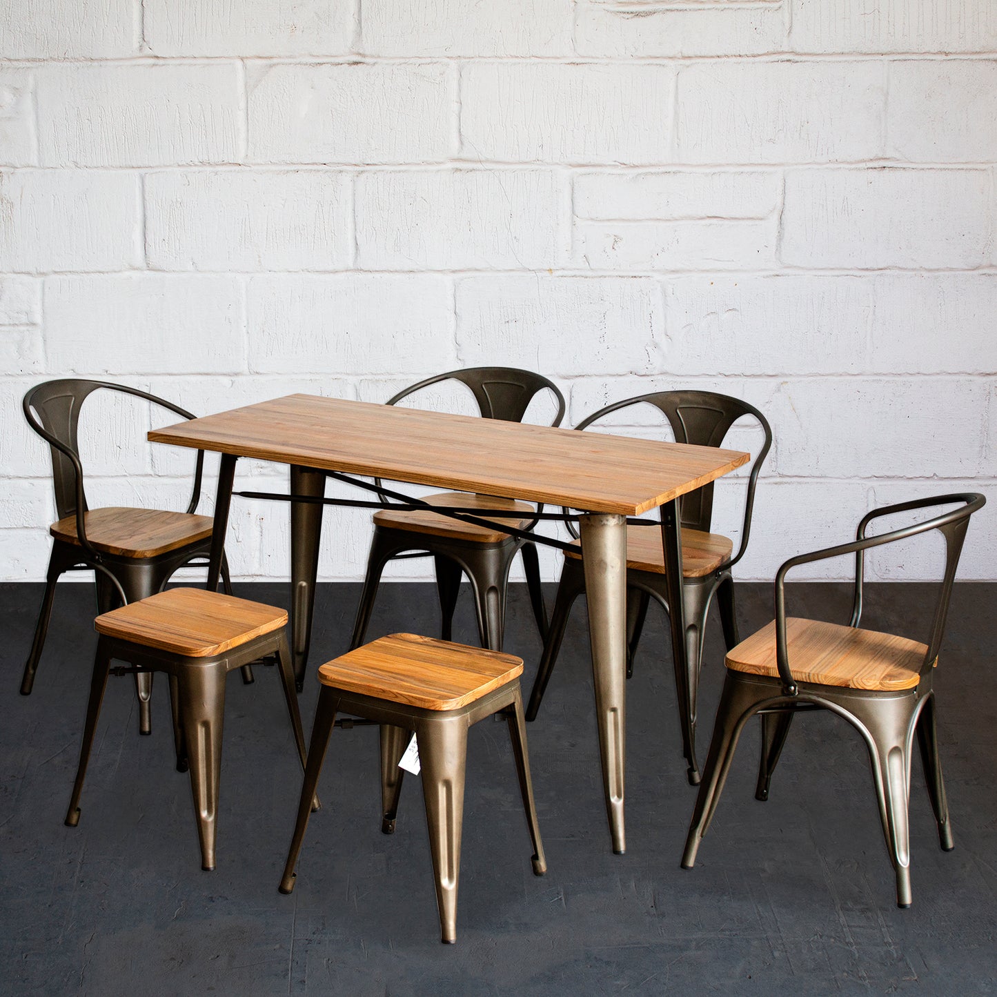 7PC Prato Table, 4 Florence Chairs & 2 Rho Stools Set - Gun Metal Grey