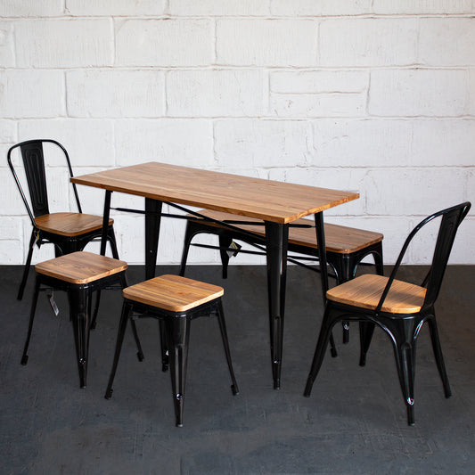 6PC Prato Table, 2 Palermo Chairs, 2 Rho Stools & Sicily Bench Set - Black