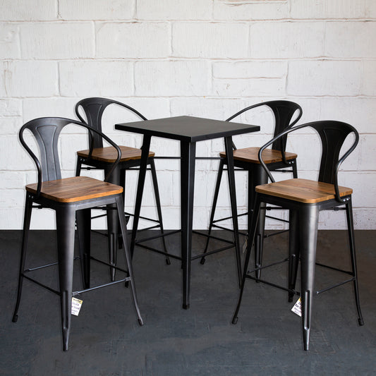 5PC Laus Table & Licata Bar Stool Set - Onyx Matt Black