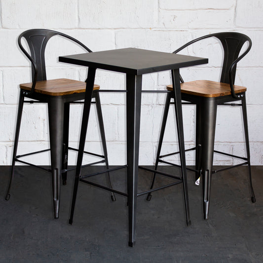 3PC Laus Table & Licata Bar Stool Set - Onyx Matt Black