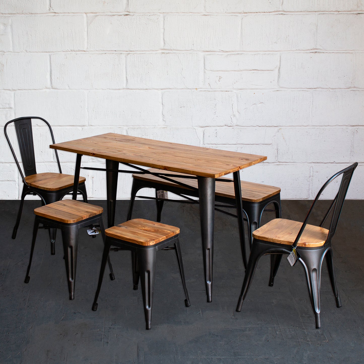 6PC Prato Table, 2 Palermo Chairs, 2 Rho Stools & Sicily Bench Set - Onyx Matt Black