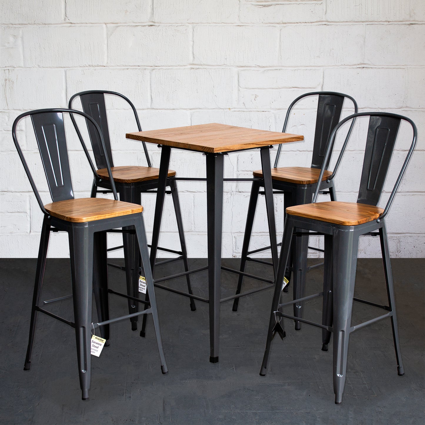 5PC Lodi Table & Soranzo Bar Stool Set - Graphite Grey