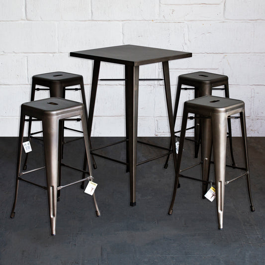 5PC Laus Table & Orvieto Bar Stool Set - Gun Metal Grey