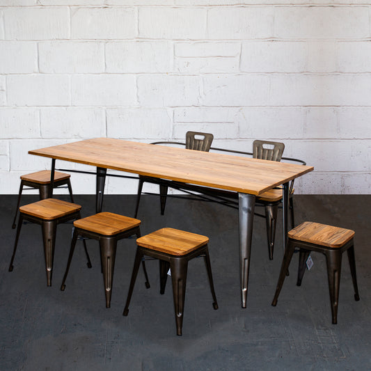 7PC Taranto Table, 5 Rho Stools & Nuoro Bench Set - Gun Metal Grey