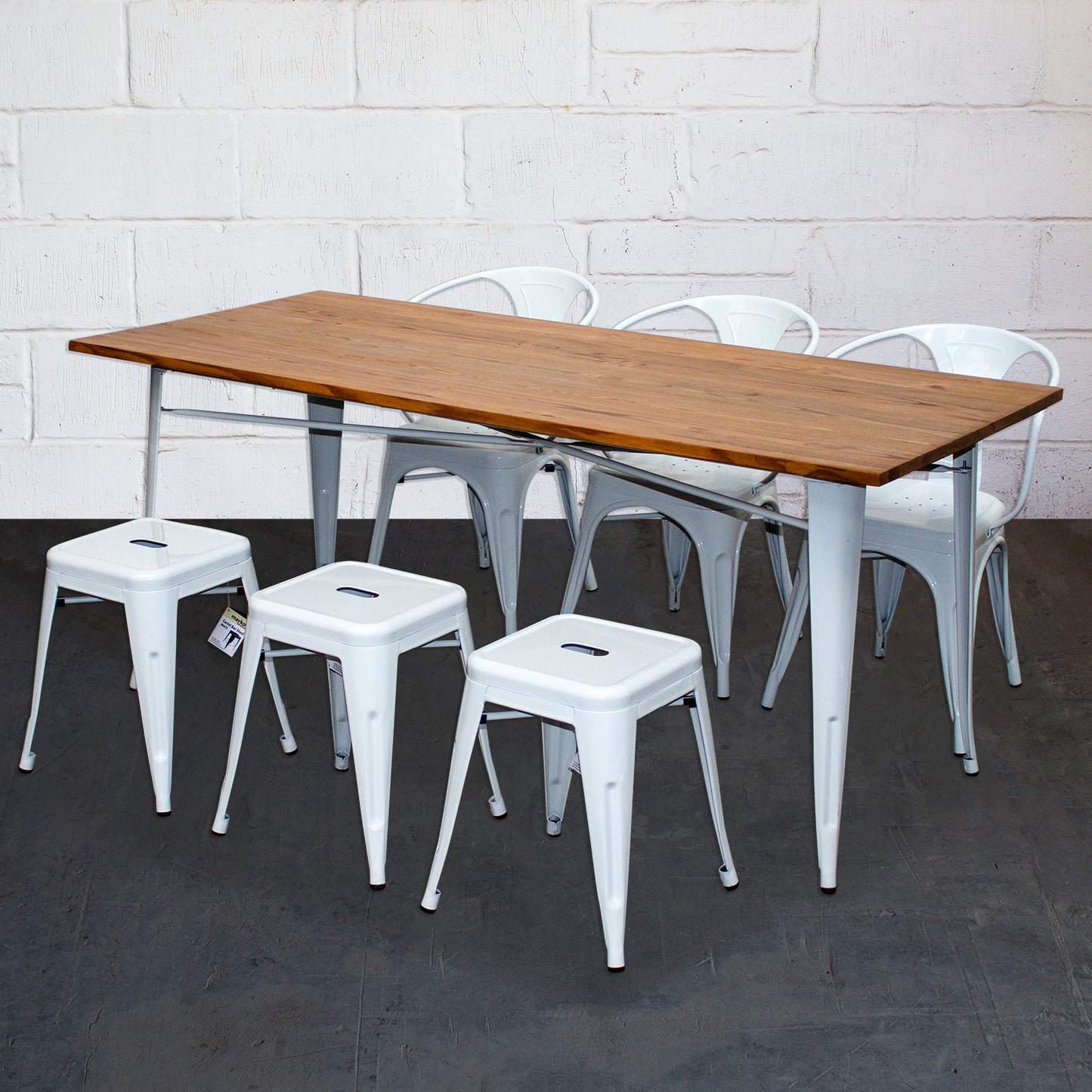7PC Taranto Table, 3 Forli Chairs & 3 Castel Stools Set - White