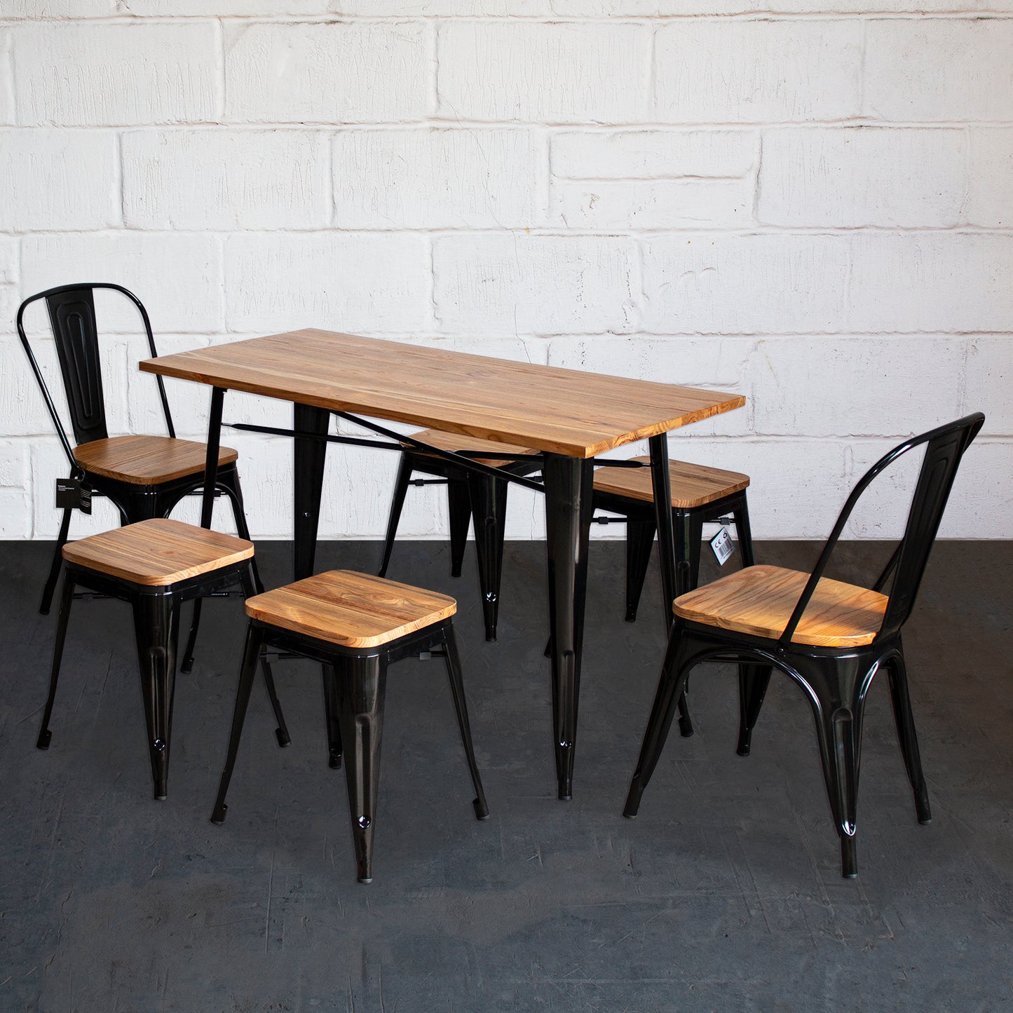7PC Prato Table, 2 Palermo Chairs & 4 Rho Stools Set - Black