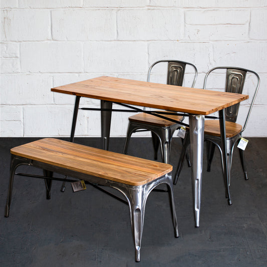 4PC Prato Table, 2 Palermo Chairs & Sicily Bench Set - Steel