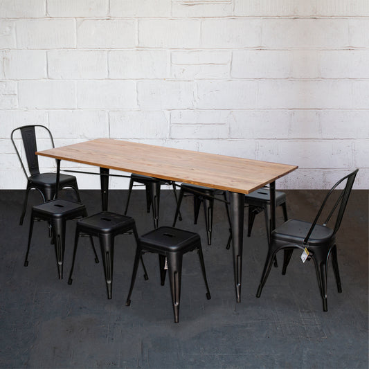 9PC Taranto Table, 2 Siena Chairs & 6 Castel Stools Set - Onyx Matt Black
