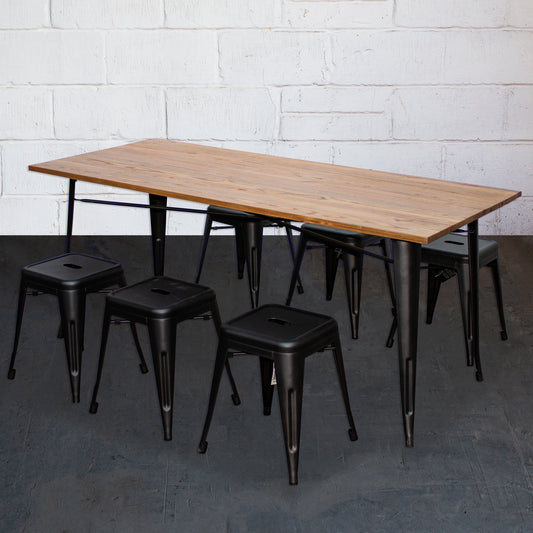 7PC Taranto Table & 6 Castel Stools Set - Onyx Matt Black
