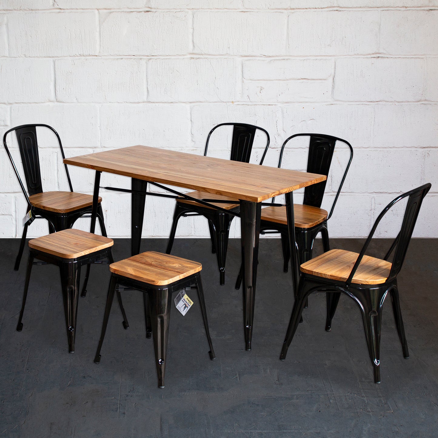 7PC Prato Table, 4 Palermo Chairs & 2 Rho Stools Set - Black