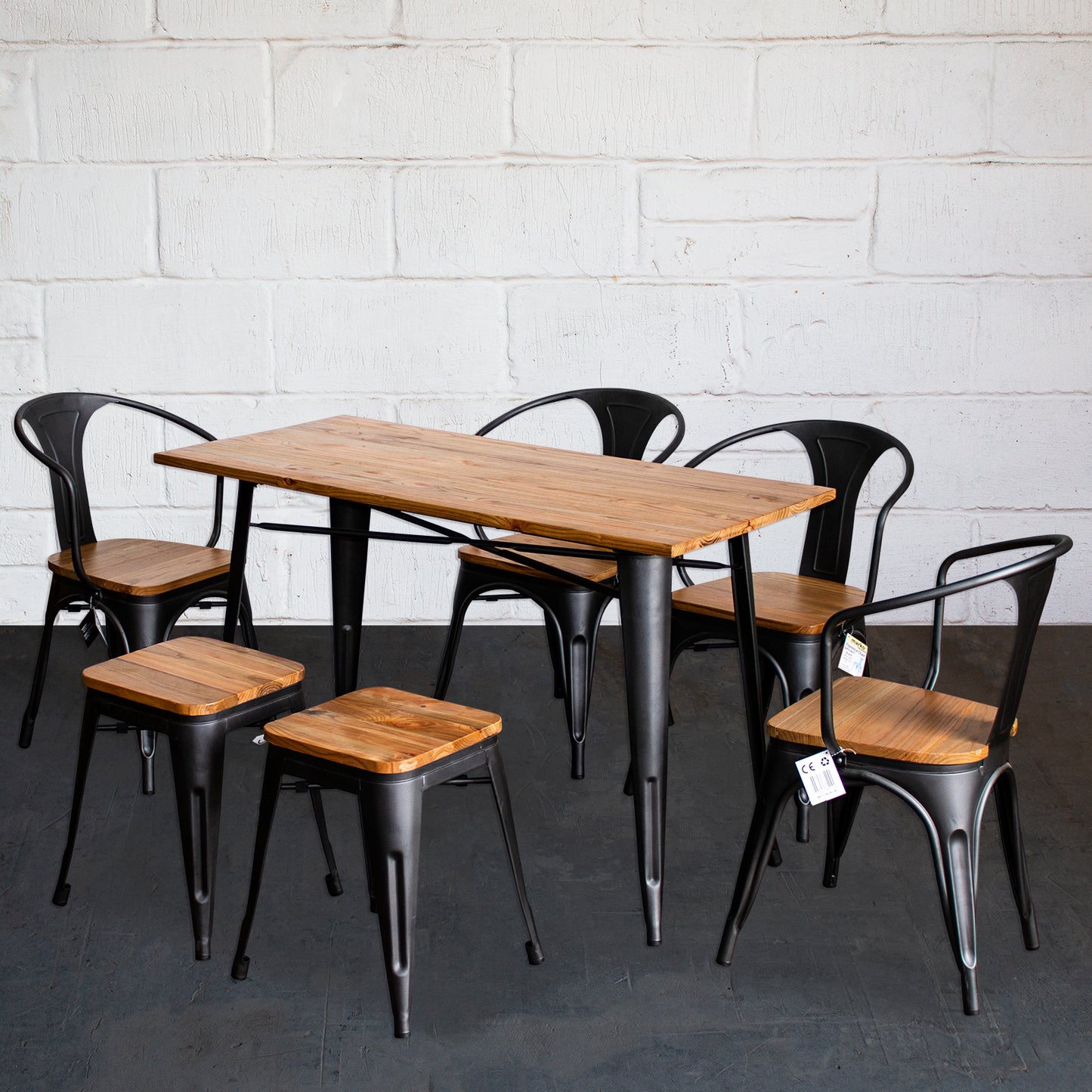 7PC Prato Table, 4 Florence Chairs & 2 Rho Stools Set - Onyx Matt Black