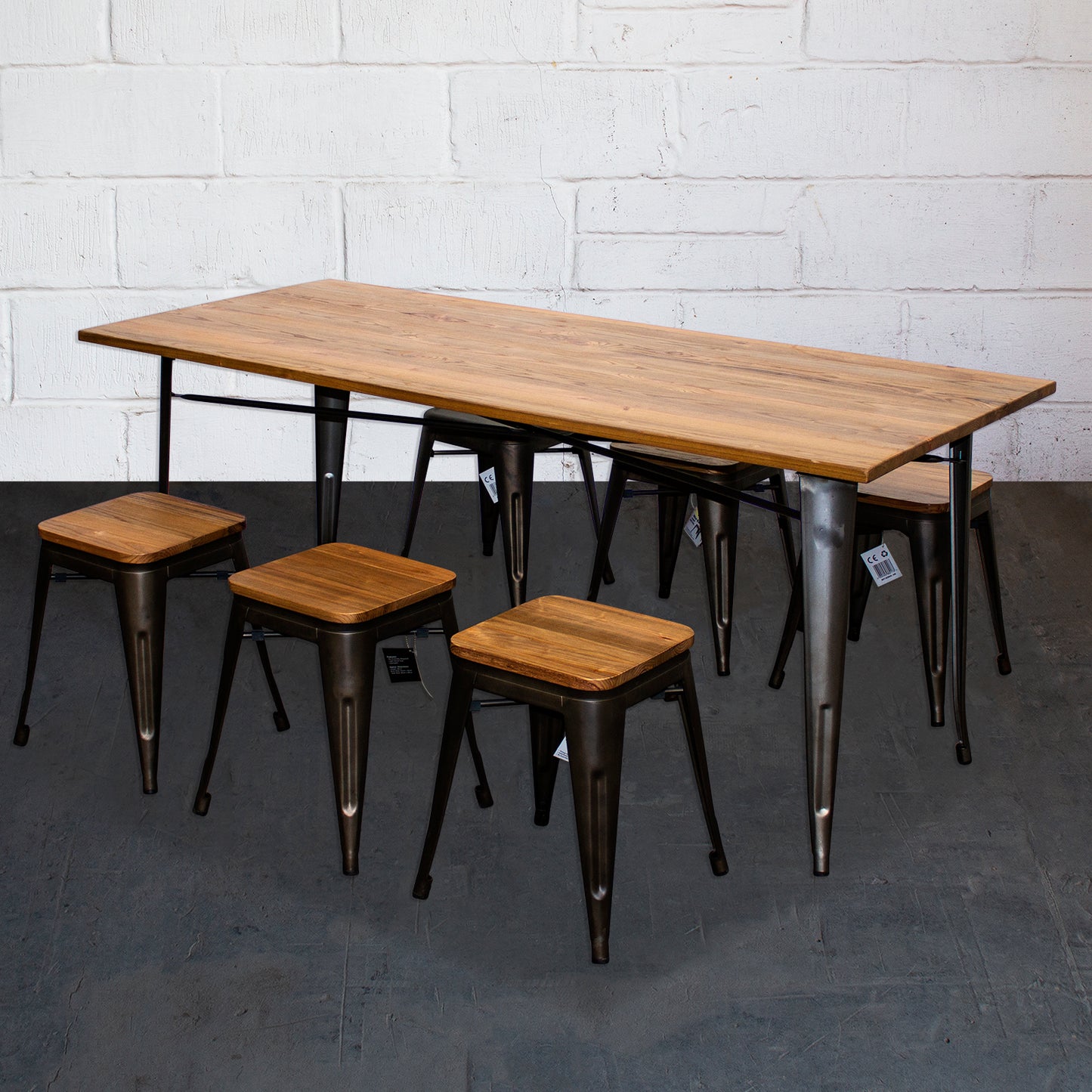 7PC Taranto Table & 6 Rho Stools Set - Gun Metal Grey