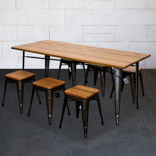7PC Taranto Table & 6 Rho Stools Set - Gun Metal Grey