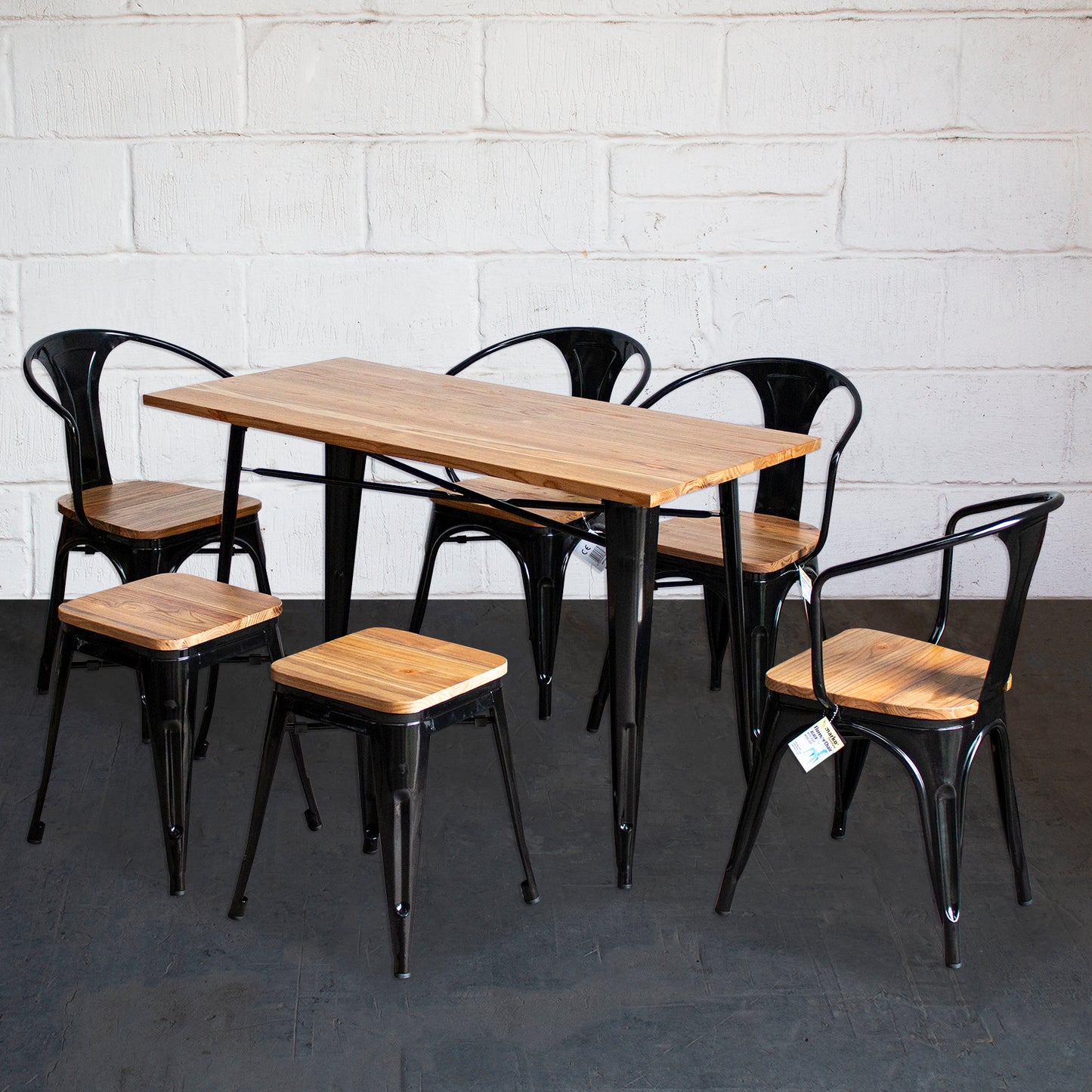 7PC Prato Table, 4 Florence Chairs & 2 Rho Stools Set - Black