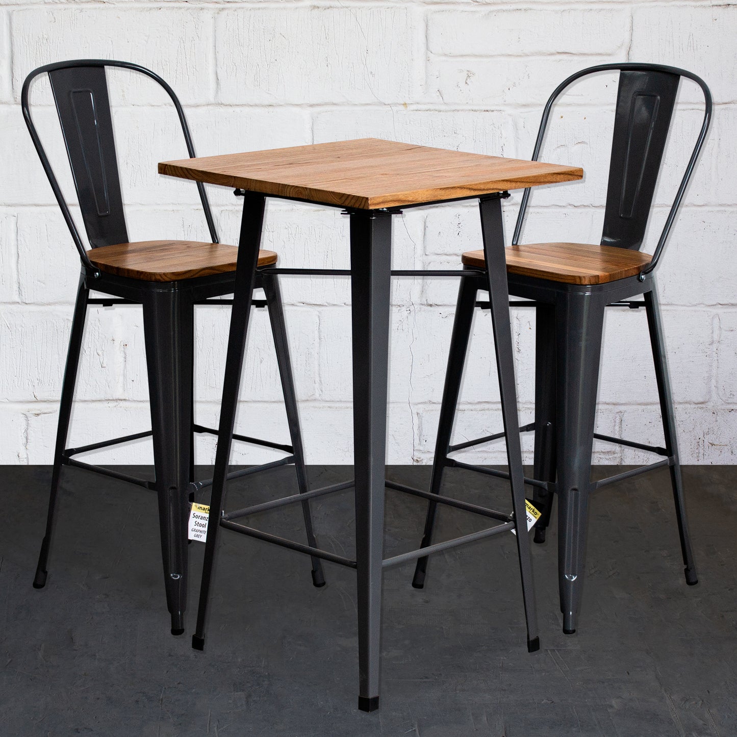 3PC Lodi Table & Soranzo Bar Stool Set - Graphite Grey