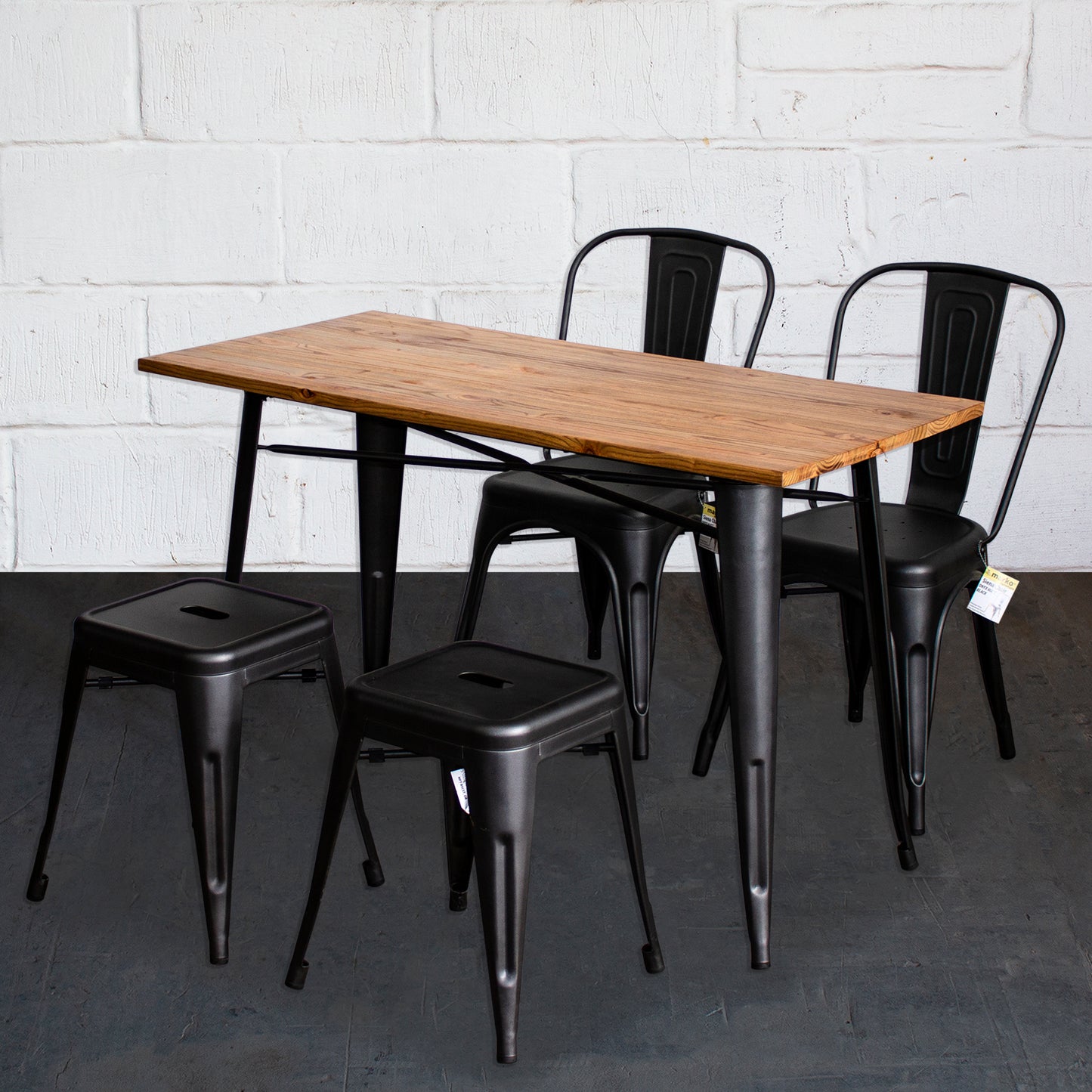 5PC Prato Table, 2 Siena Chairs & 2 Castel Stools Set - Onyx Matt Black