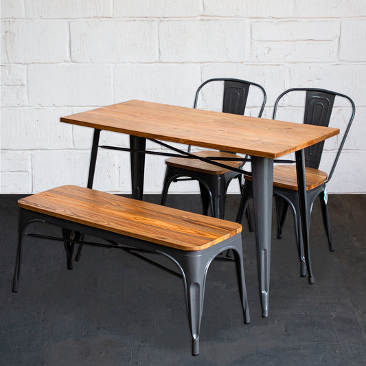 4PC Prato Table, 2 Palermo Chairs & Sicily Bench Set - Graphite Grey