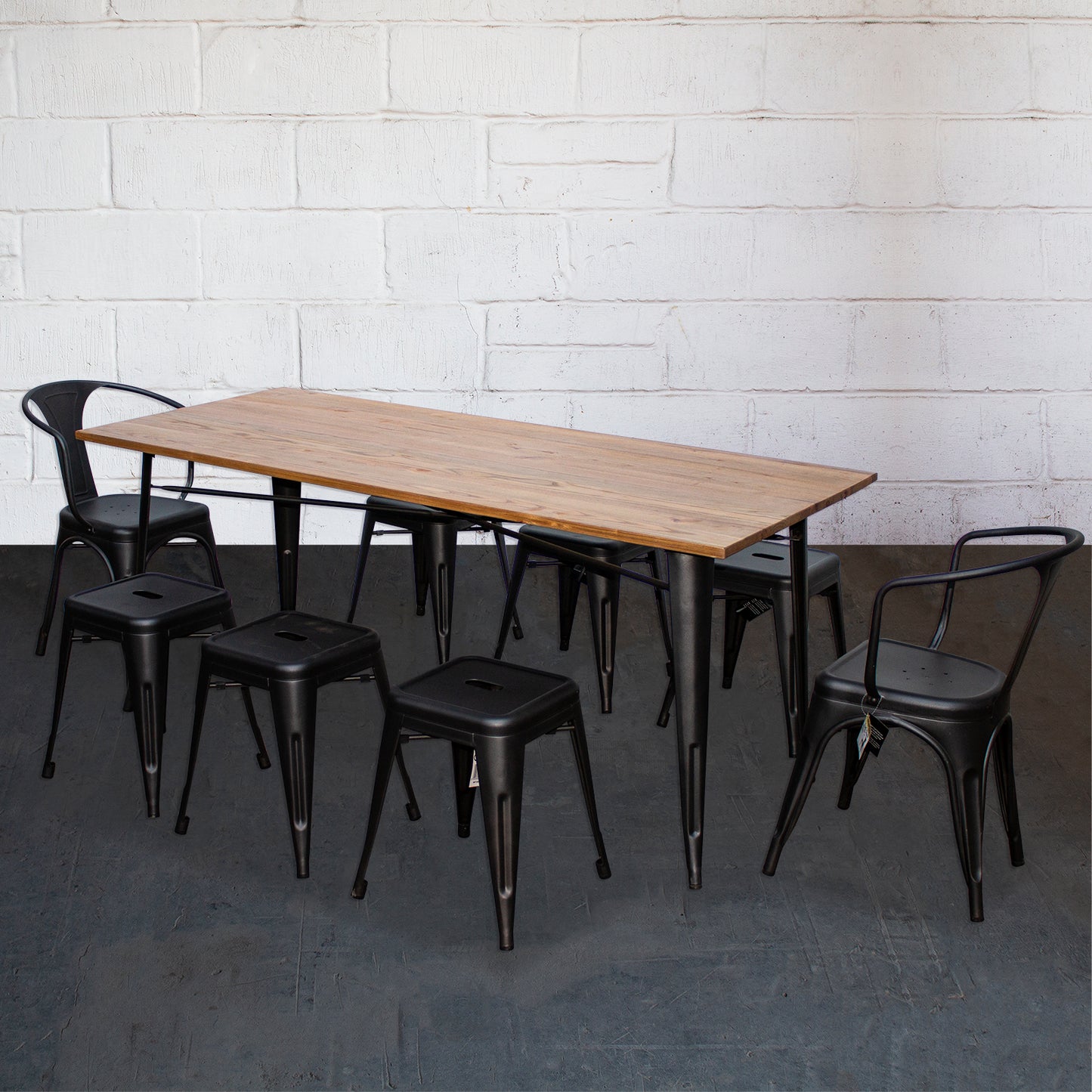9PC Taranto Table, 2 Forli Chairs & 6 Castel Stools Set - Onyx Matt Black
