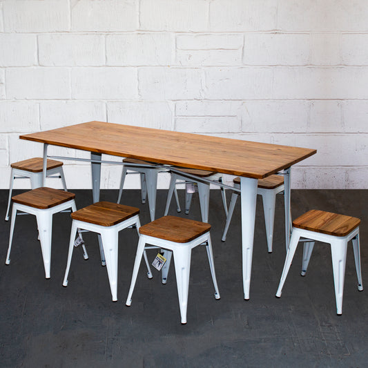 9PC Taranto Table & 8 Rho Stools Set - White