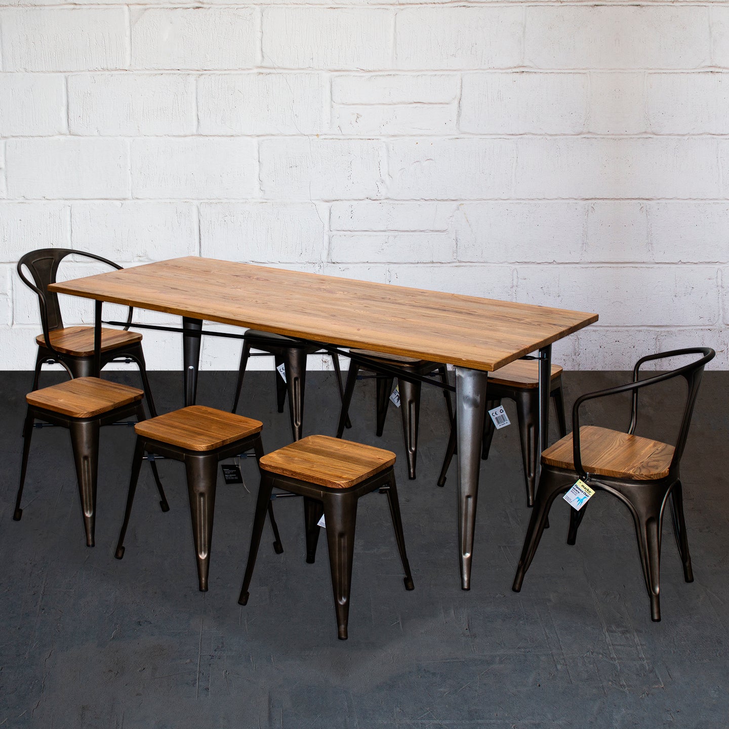 9PC Taranto Table, 2 Florence Chairs & 6 Rho Stools Set - Gun Metal Grey