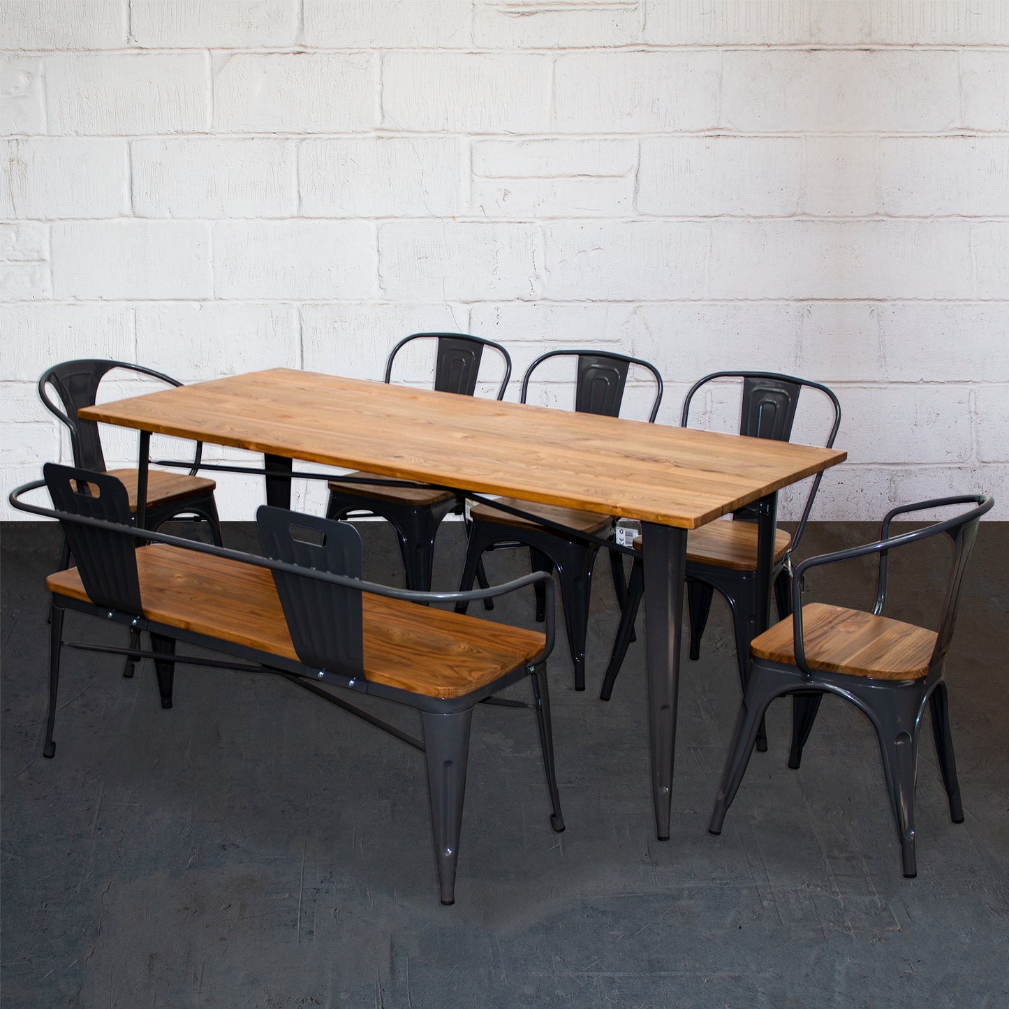 7PC Taranto Table, 2 Florence Chairs, 3 Palermo Chairs & Nuoro Bench Set - Graphite Grey