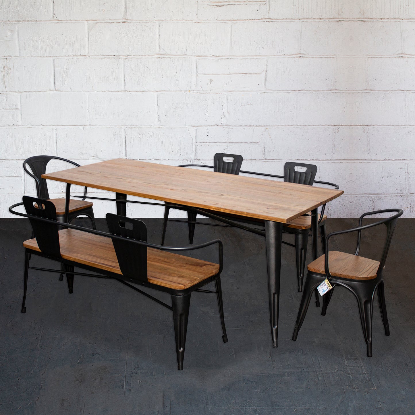 5PC Taranto Table, 2 Florence Chairs & 2 Nuoro Benches Set - Onyx Matt Black
