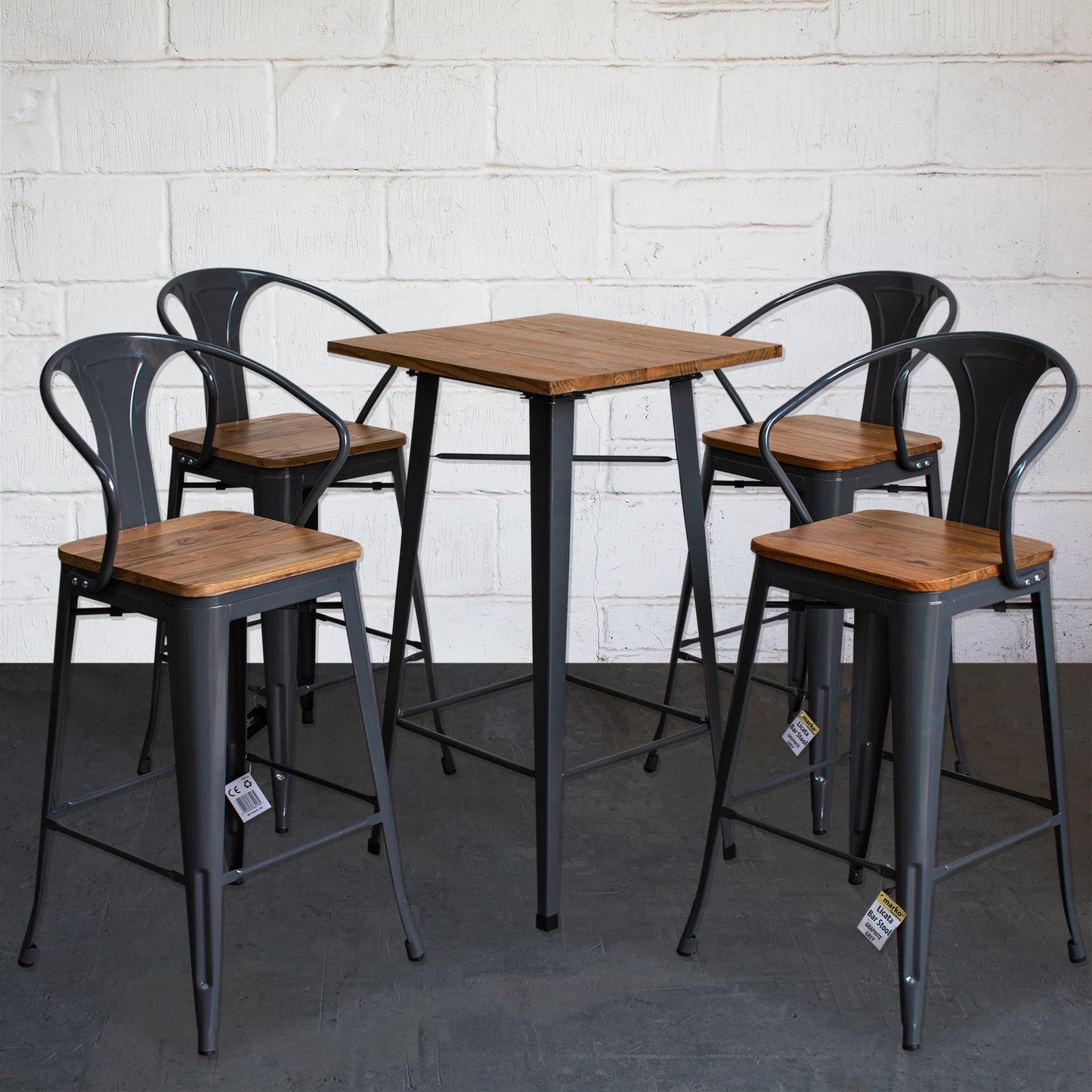 5PC Lodi Table & Licata Bar Stool Set - Graphite Grey