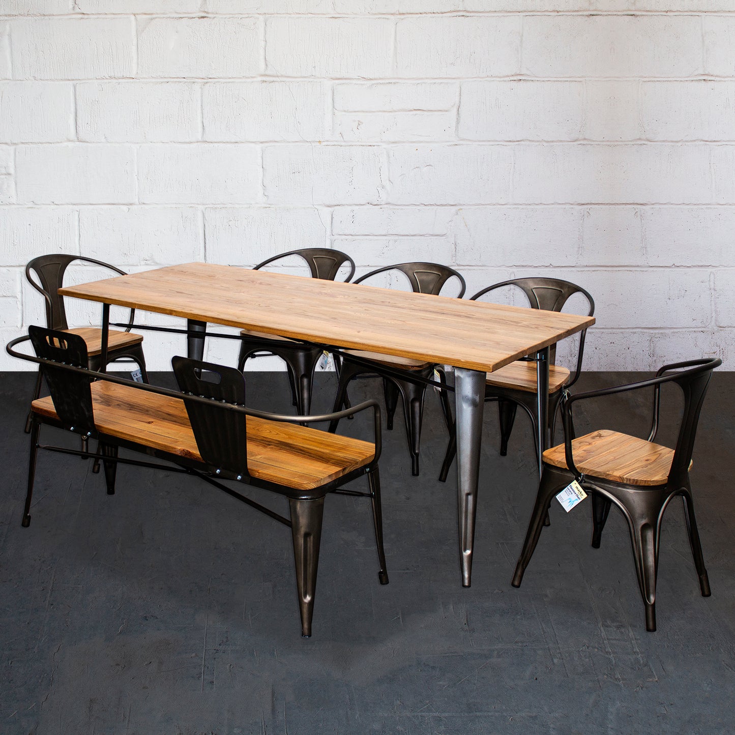 7PC Taranto Table, 5 Florence Chairs & Nuoro Bench Set - Gun Metal Grey