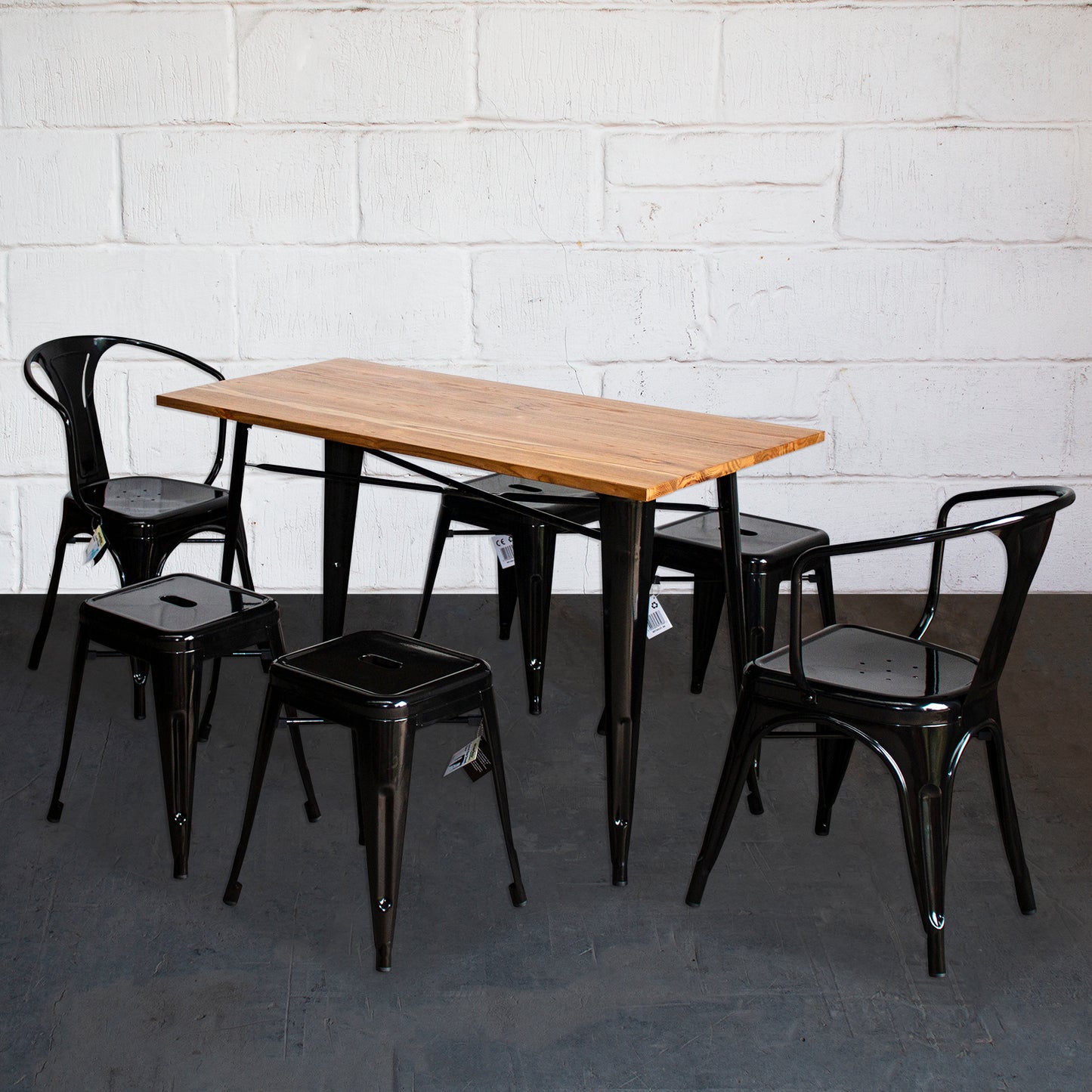 7PC Prato Table, 2 Forli Chairs & 4 Castel Stools Set - Black