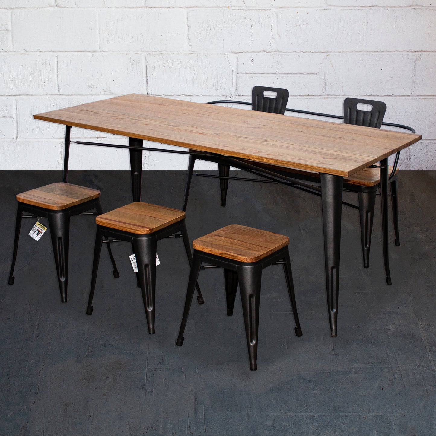 5PC Taranto Table, 3 Rho Stools & Nuoro Bench Set - Onyx Matt Black