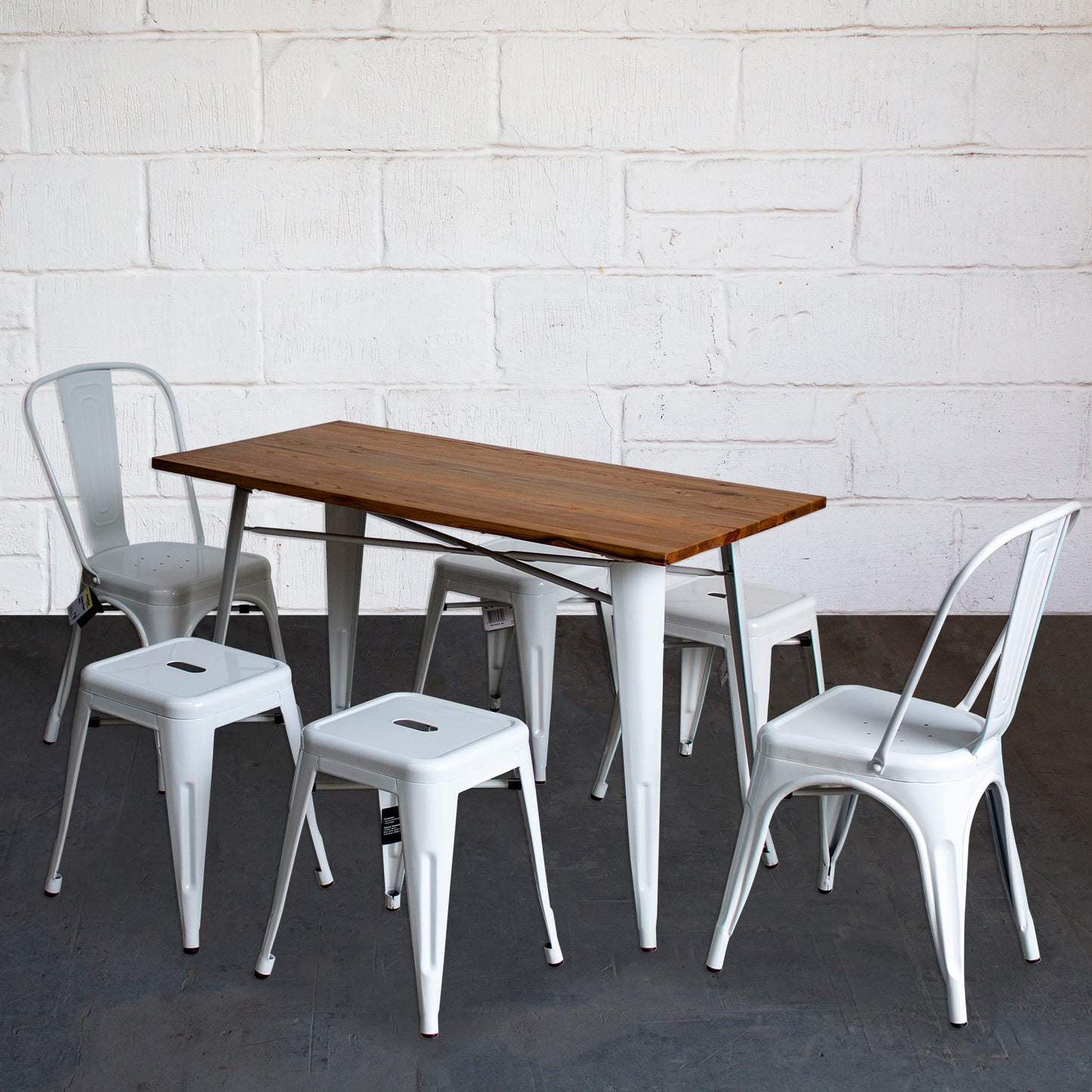 7PC Prato Table, 2 Siena Chairs & 4 Castel Stools Set - White