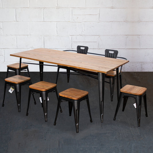 7PC Taranto Table, 5 Rho Stools & Nuoro Bench Set - Onyx Matt Black