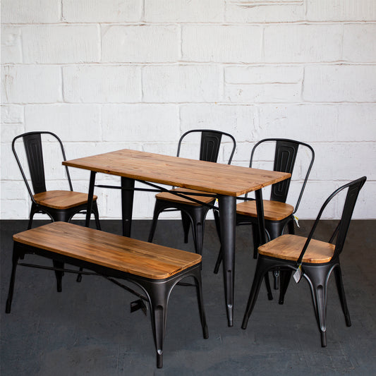 6PC Prato Table, 4 Palermo Chairs & Sicily Bench Set - Onyx Matt Black