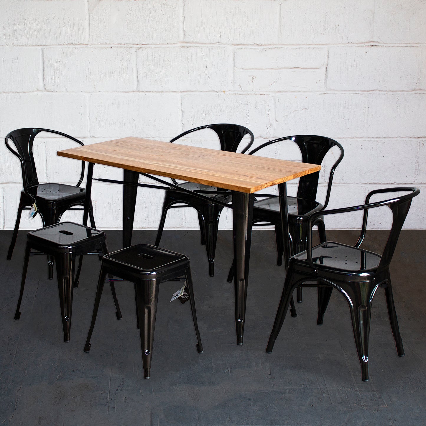 7PC Prato Table, 4 Forli Chairs & 2 Castel Stools Set - Black