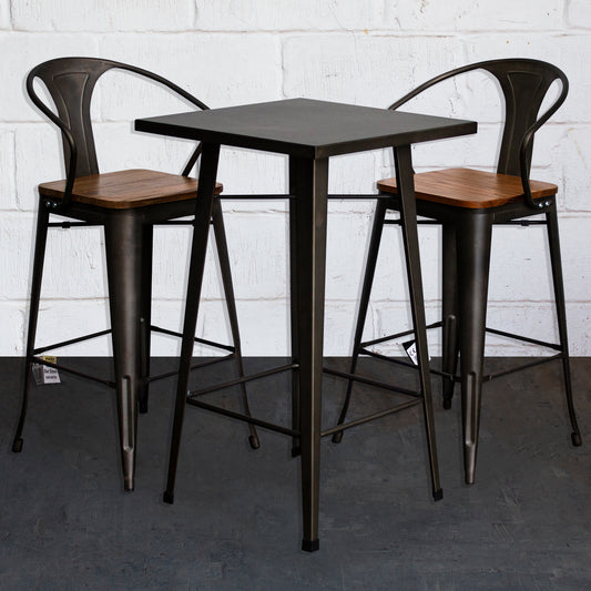 3PC Laus Table & Licata Bar Stool Set - Gun Metal Grey