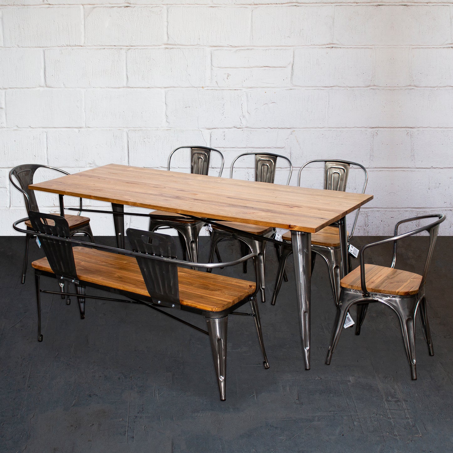 7PC Taranto Table, 2 Florence Chairs, 3 Palermo Chairs & Nuoro Bench Set - Steel