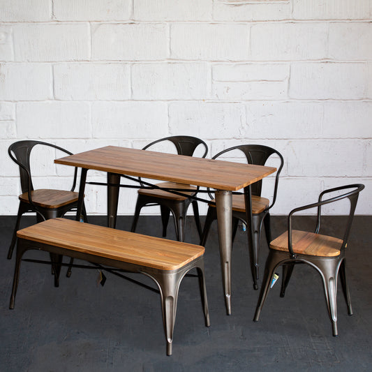 6PC Prato Table, 4 Florence Chairs & Sicily Bench Set - Gun Metal Grey