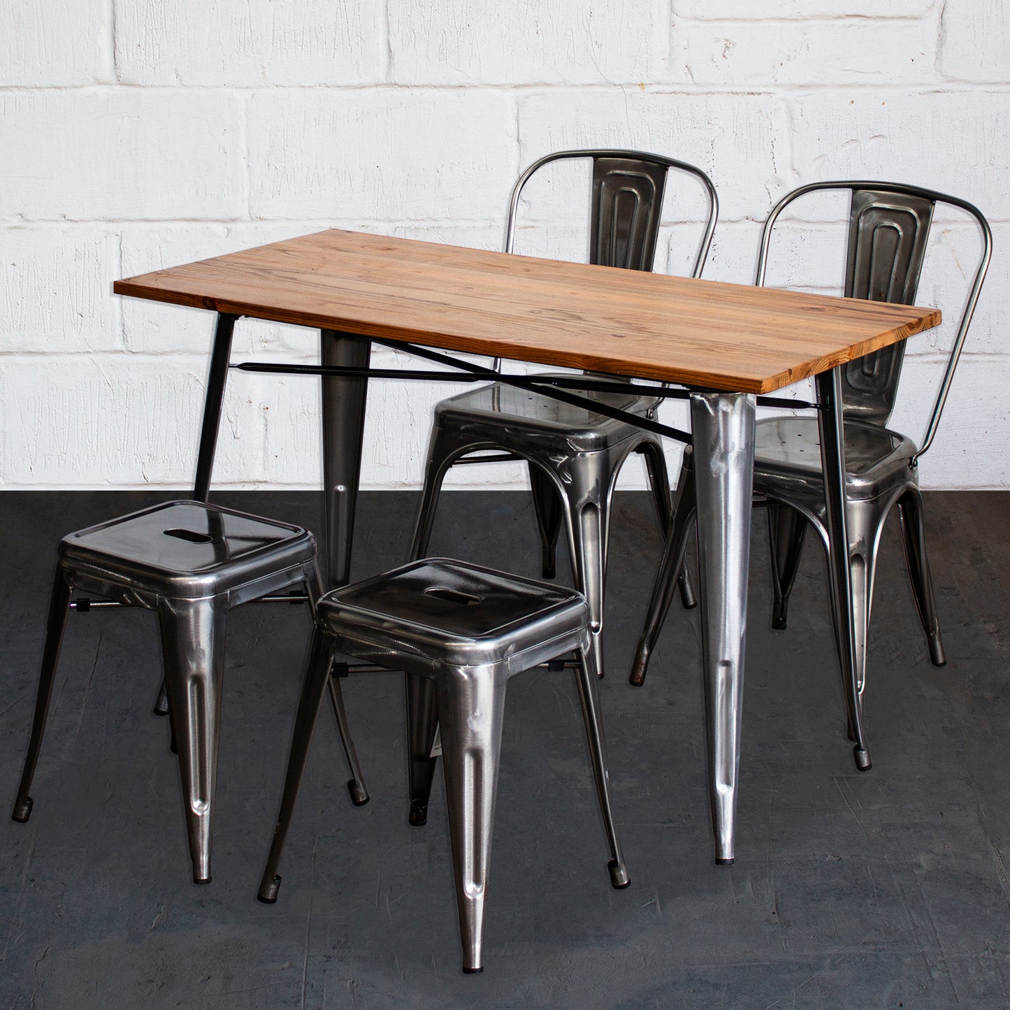 5PC Prato Table, 2 Siena Chairs & 2 Castel Stools Set - Steel