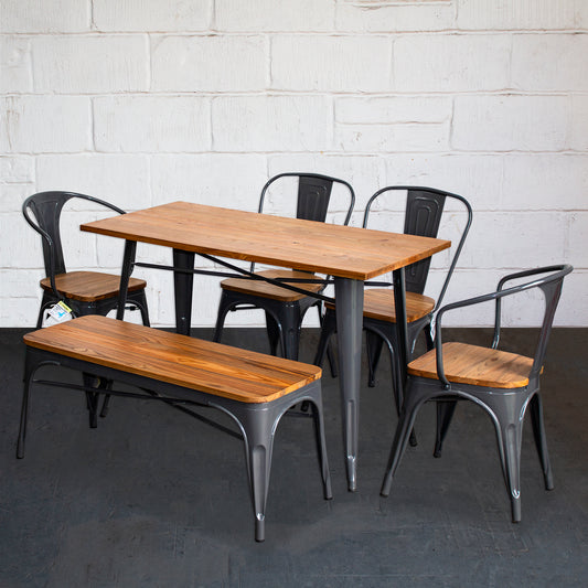 6PC Prato Table, 2 Florence Chairs, 2 Palermo Chairs & Sicily Bench Set - Graphite Grey