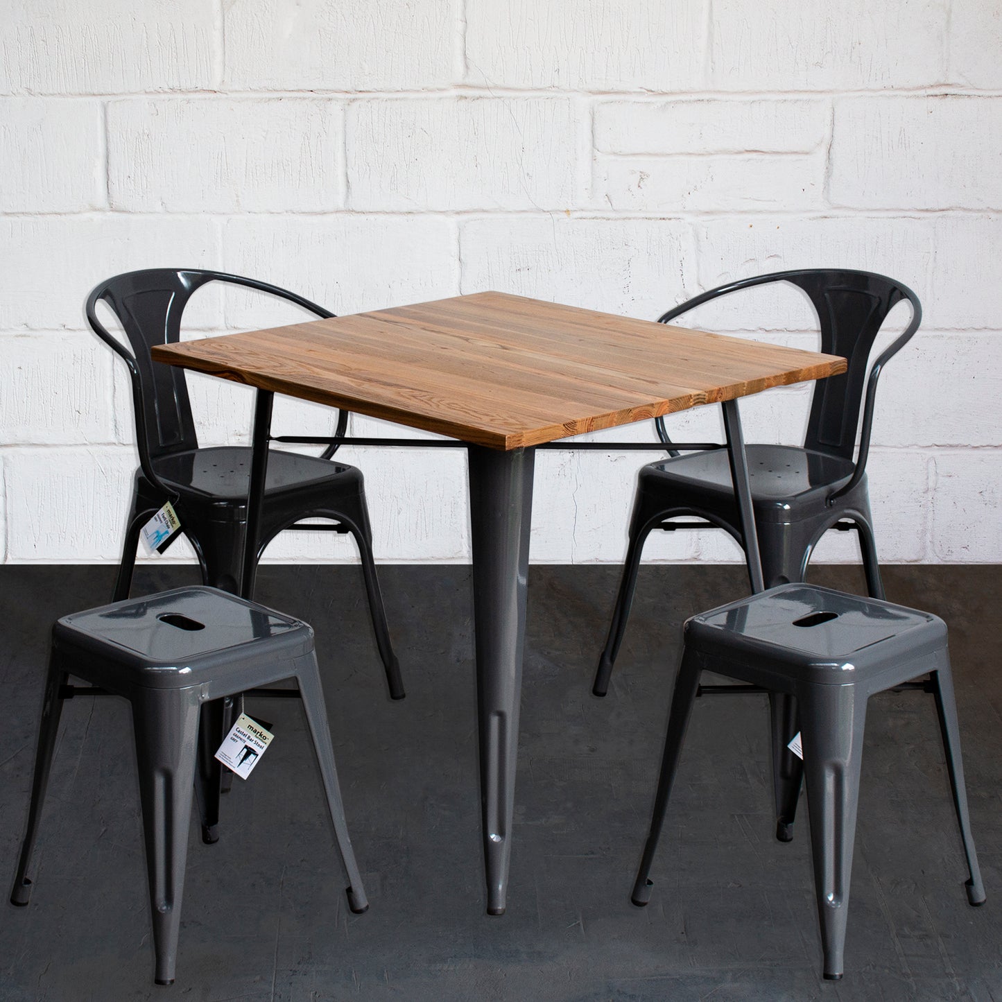 5PC Enna Table Forli Chair & Castel Stool Set - Graphite Grey