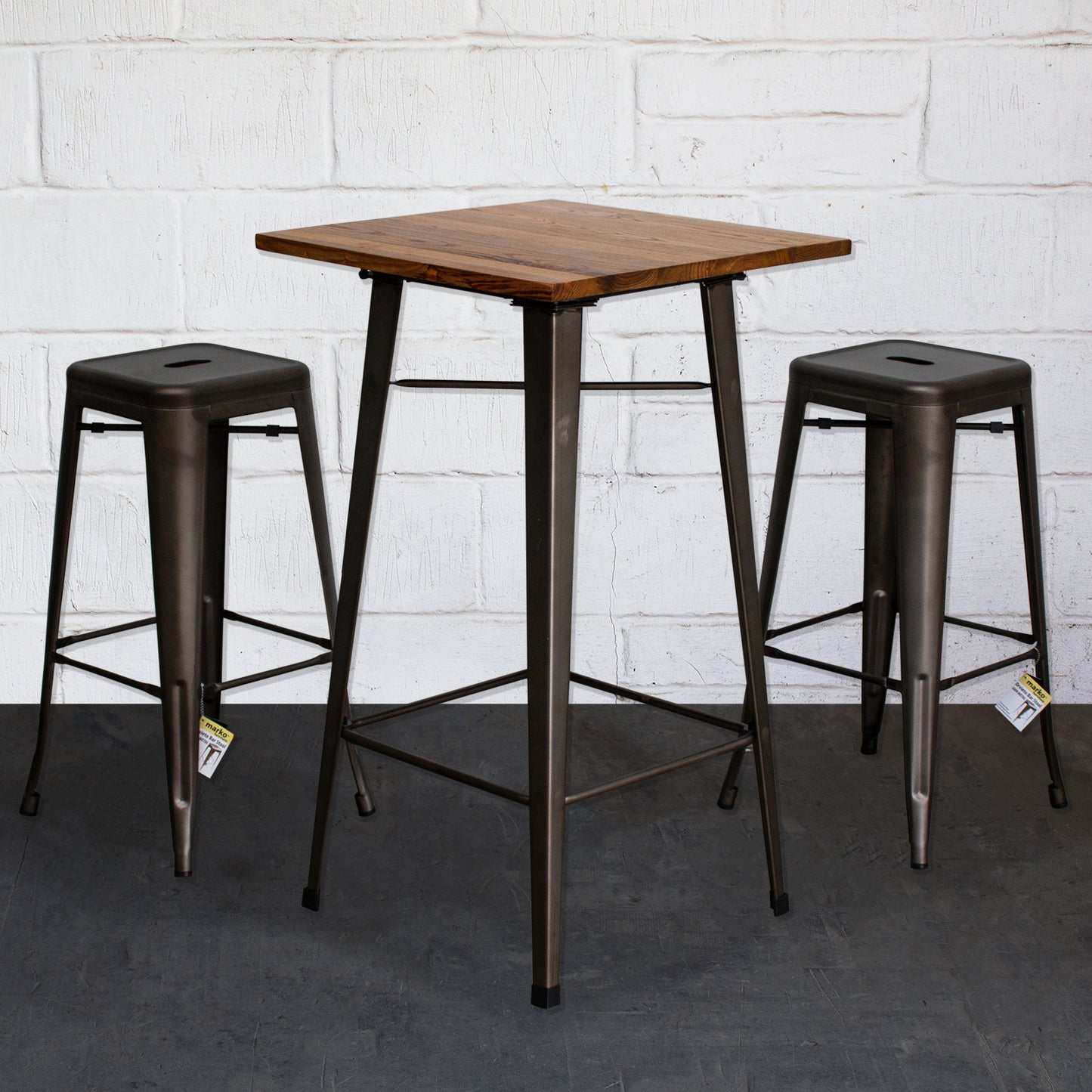 3PC Lodi Table & Orvieto Bar Stool Set - Gun Metal Grey