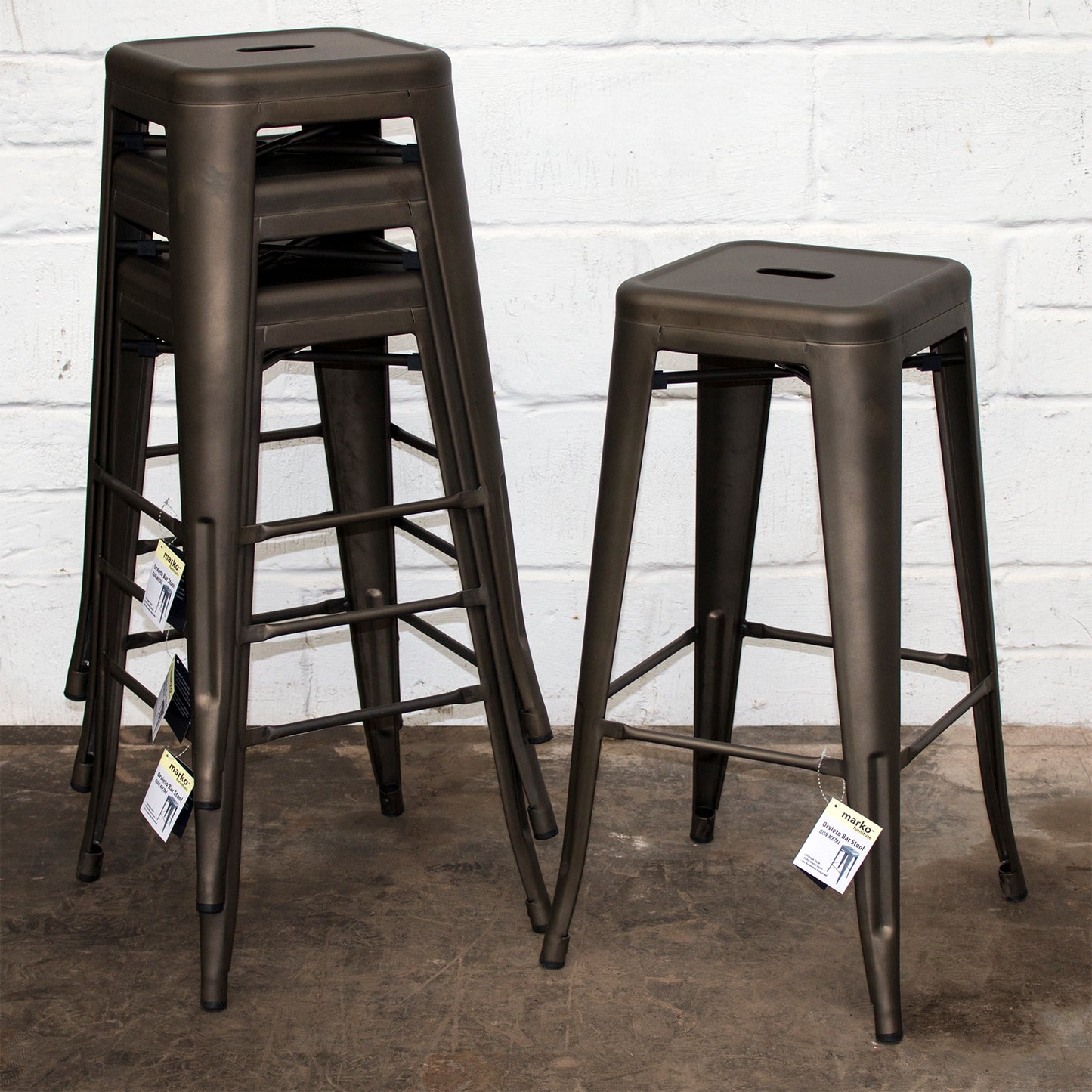 5PC Laus Table & Orvieto Bar Stool Set - Gun Metal Grey
