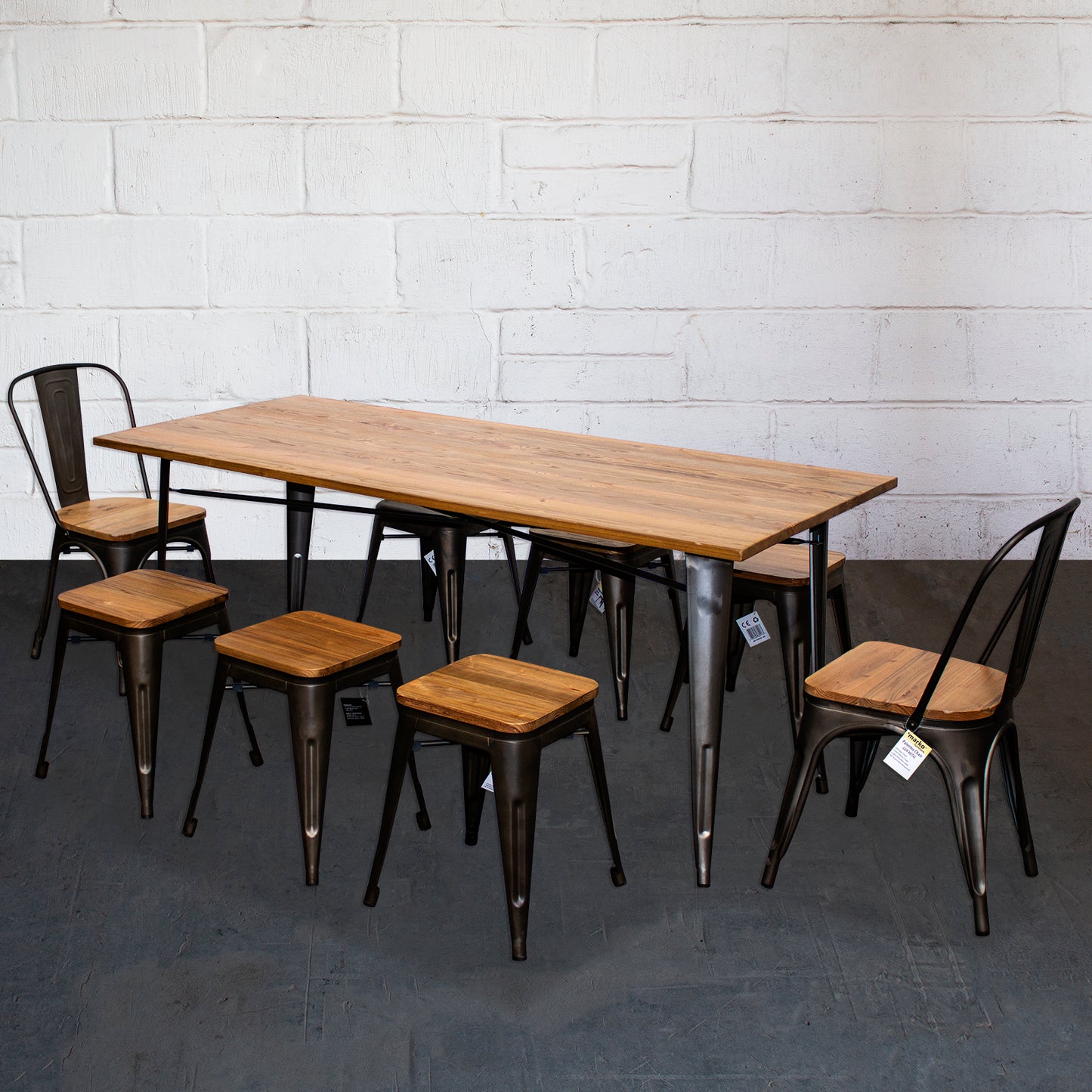 9PC Taranto Table, 2 Palermo Chairs & 6 Rho Stools Set - Gun Metal Grey