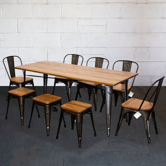 9PC Taranto Table, 5 Palermo Chairs & 3 Rho Stools Set - Gun Metal Grey