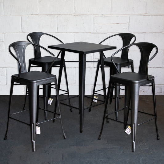 5PC Laus Table & Favara Bar Stool Set - Onyx Matt Black