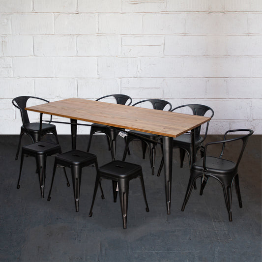 9PC Taranto Table, 5 Forli Chairs & 3 Castel Stools Set - Onyx Matt Black