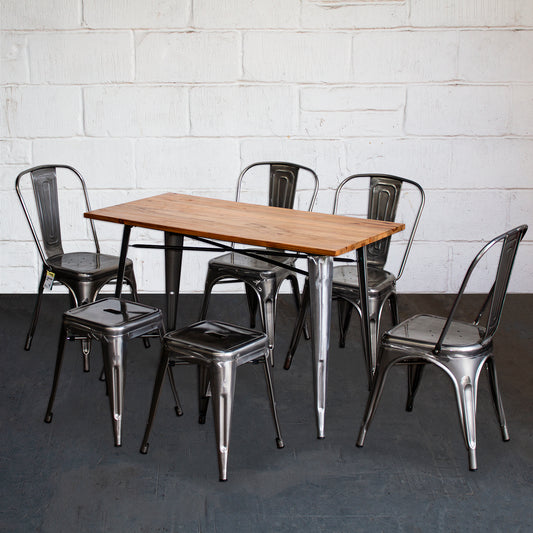 7PC Prato Table, 4 Siena Chairs & 2 Castel Stools Set - Steel